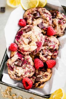 raspberry cookies stacked in baking dish
