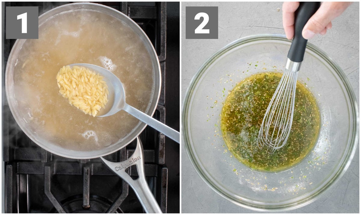 On the left: Orzo pasta being cooked in a pan with a metal spoon lifting some out of the pan. On the right: Glass bowl with dressing ingredients being whisked.