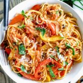 pasta peperonata with sweet peppers, onions, anchovy, and capers