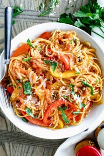 pasta peperonata with sweet peppers, onions, anchovy, and capers