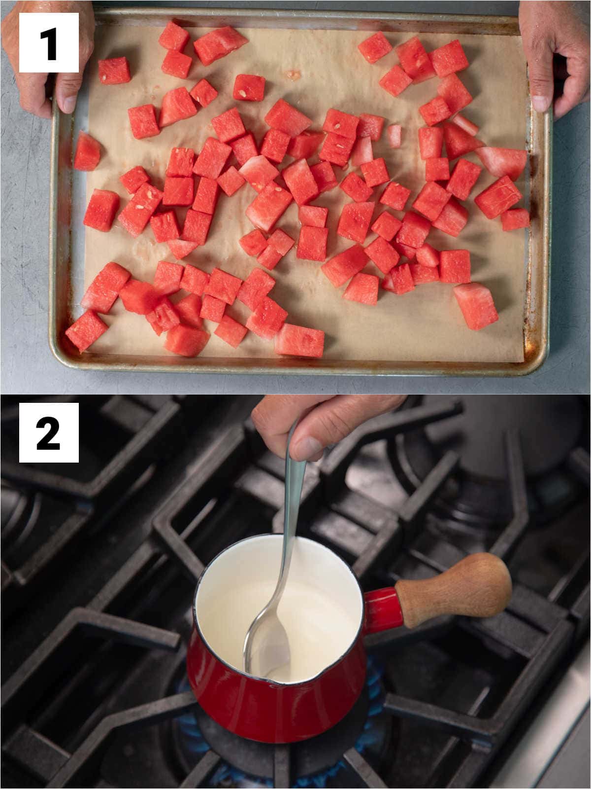 freeze cubes of watermelon and make a simple syrup on the stovetop