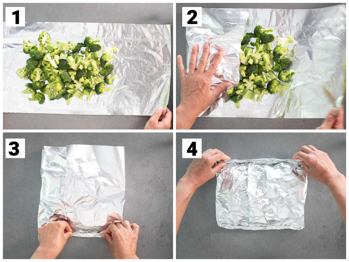 the four steps to folding the foil around the broccoli before grilling
