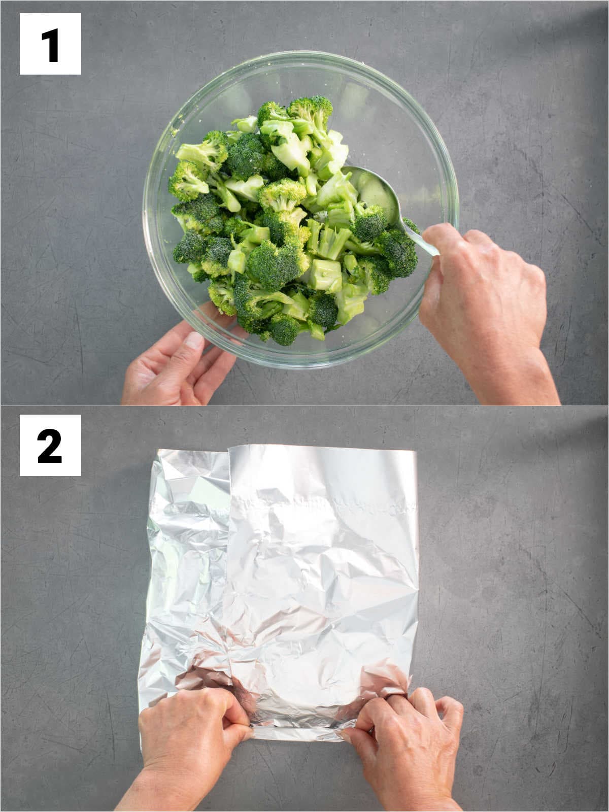 tossing broccoli in a bowl with oil, salt, and garlic powder, and on the bottom two hands are preparing the foil