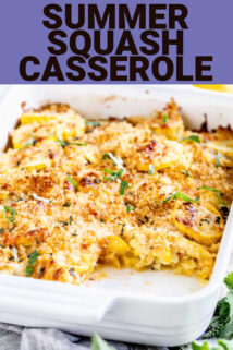 summer squash casserole in a baking dish with breadcrumbs and text overlay