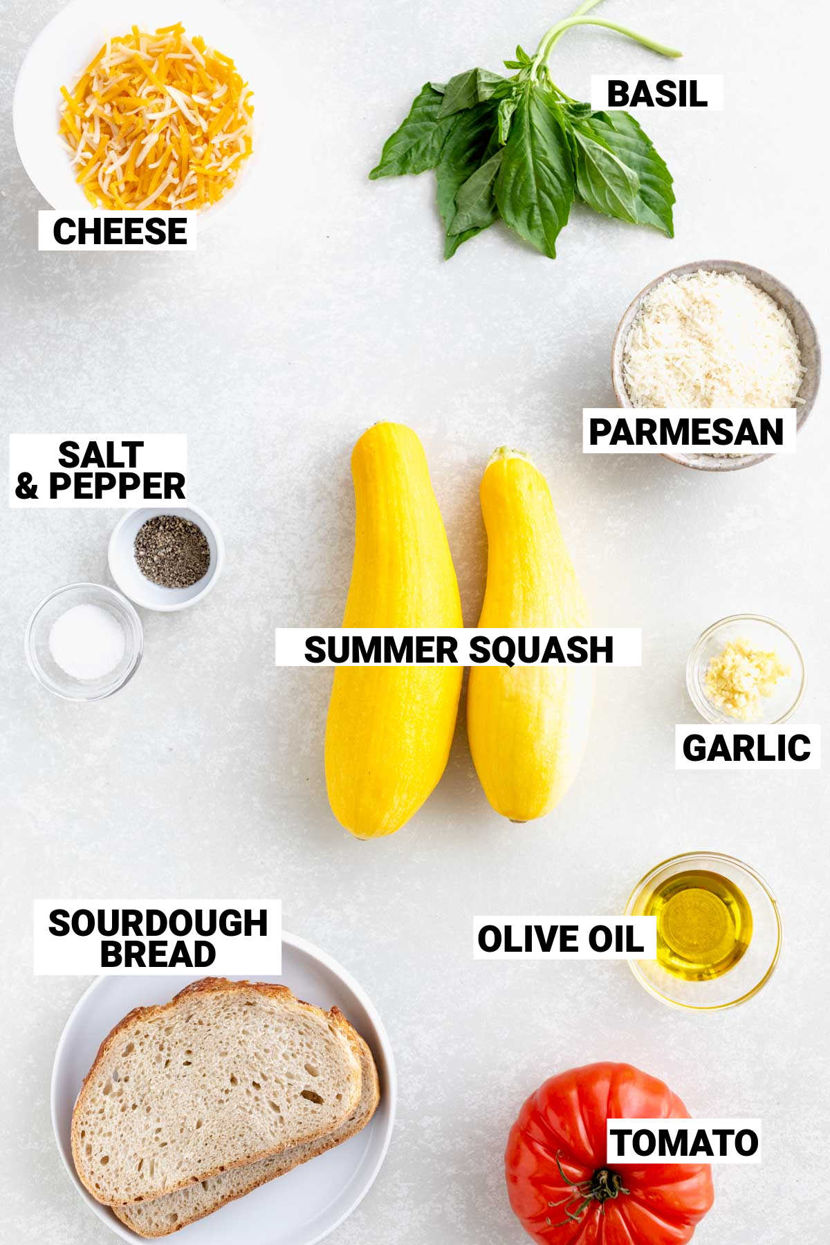 ingredients for summer squash casserole with breadcrumbs and cheese