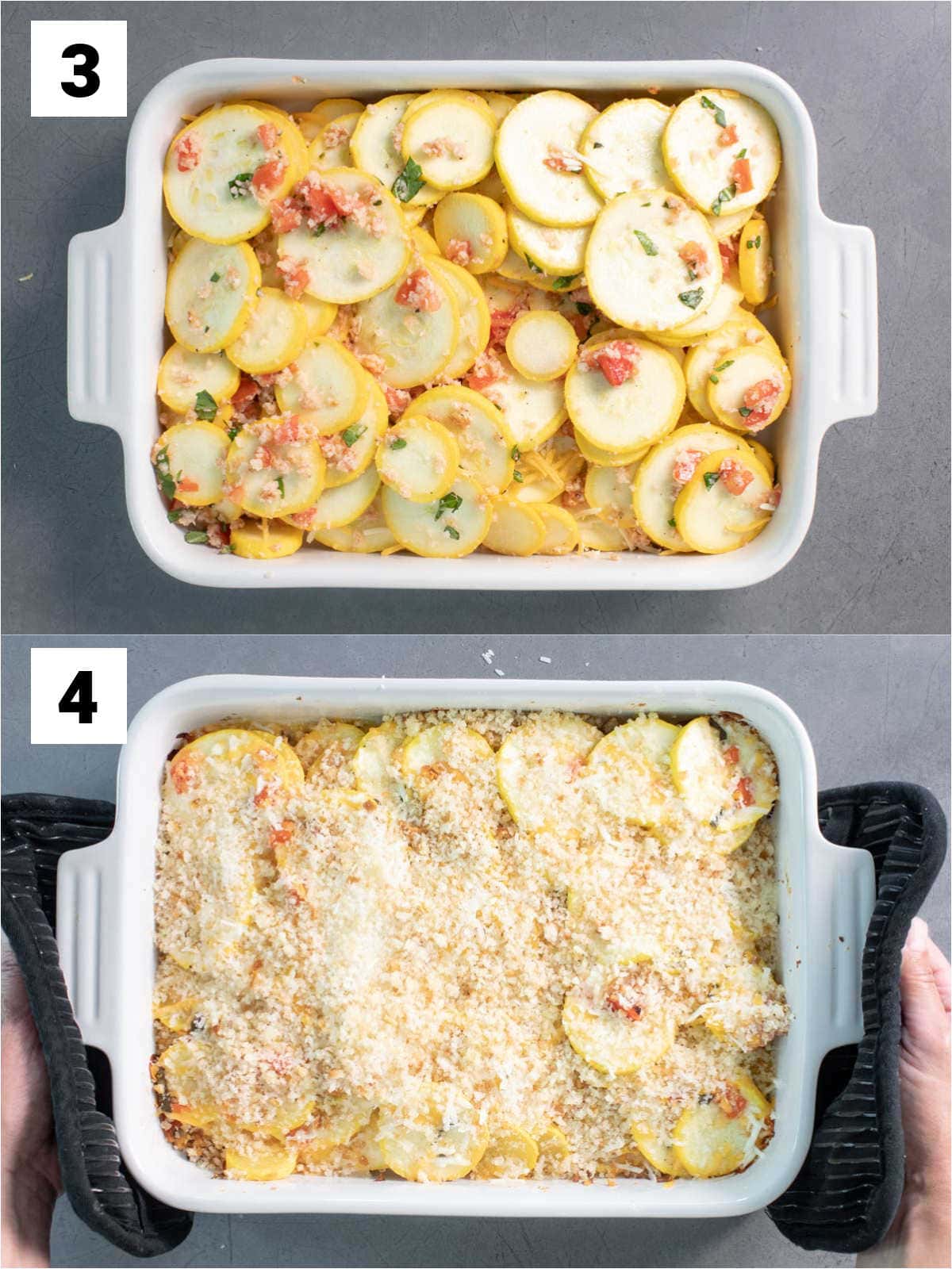 summer squash casserole topped with breadcrumbs and cheese