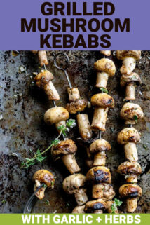 garlic herb mushroom kebabs with text overlay