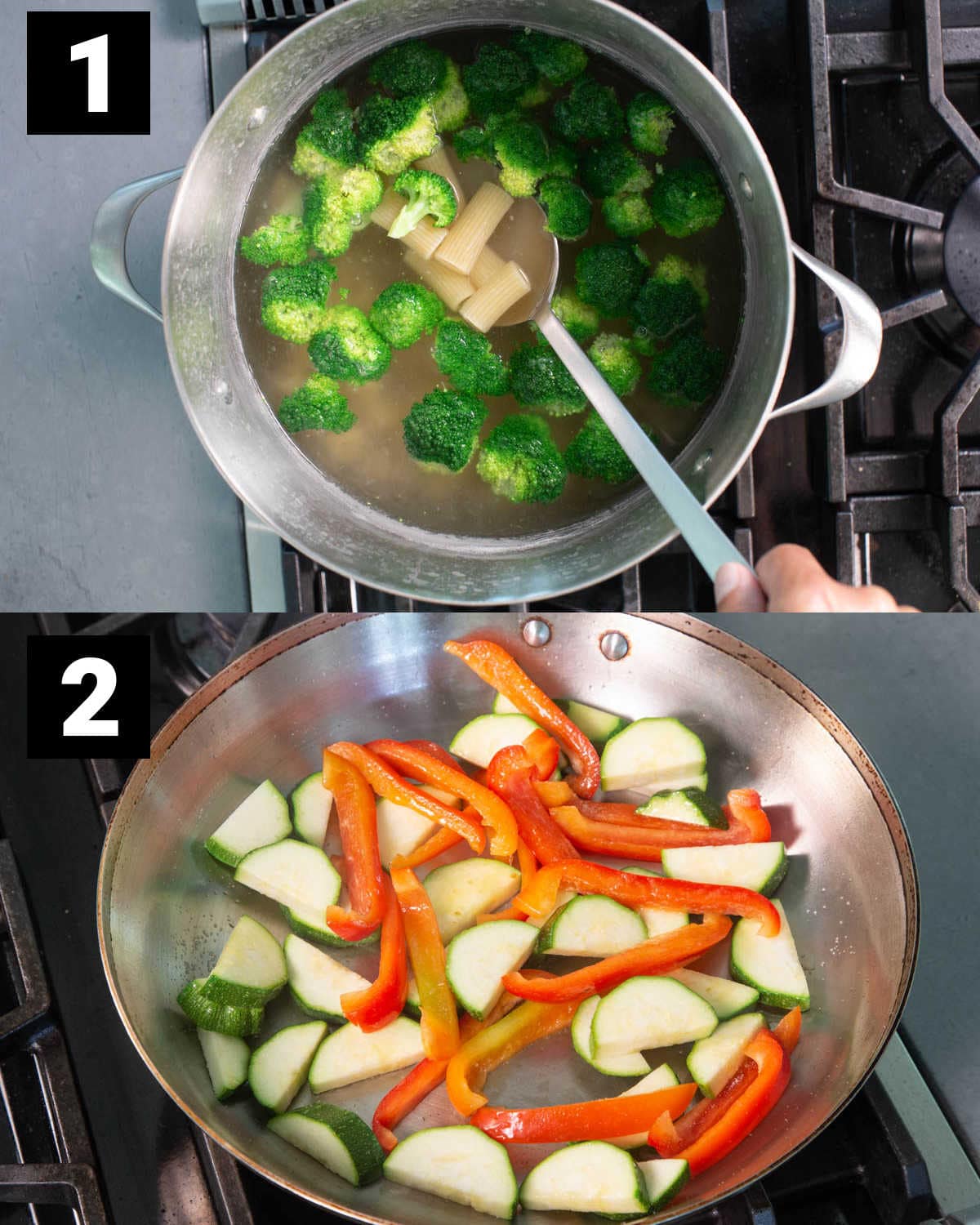 make rigatoni and broccoli, and then saute veggies in a pan