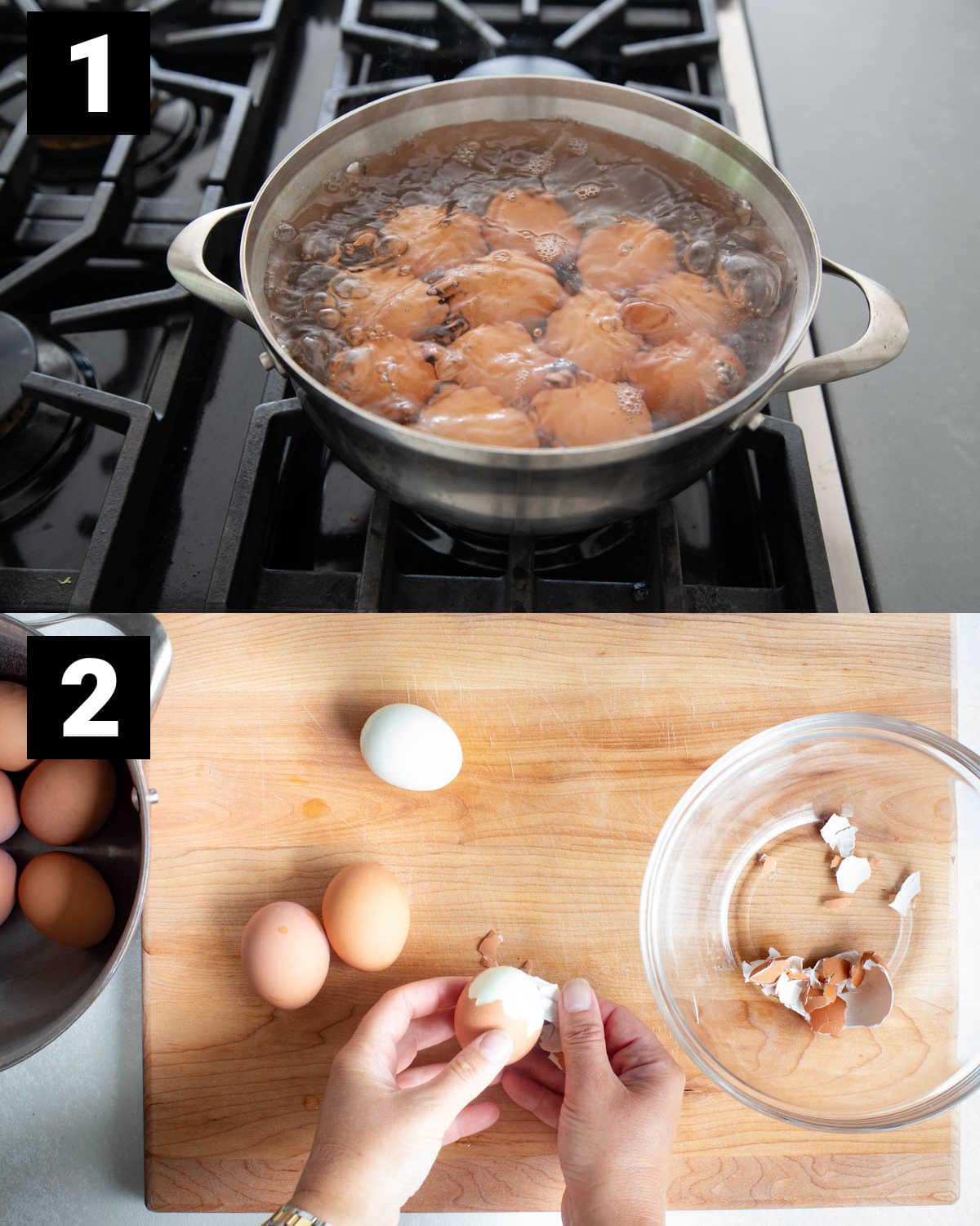 boiling the eggs and then peeling them