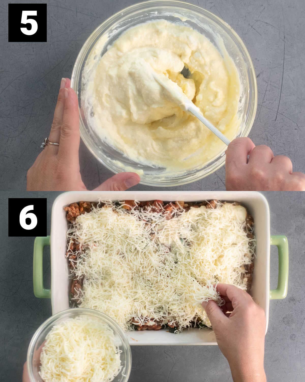 collage of two steps: mixing the ricotta with the egg and layering the lasagna
