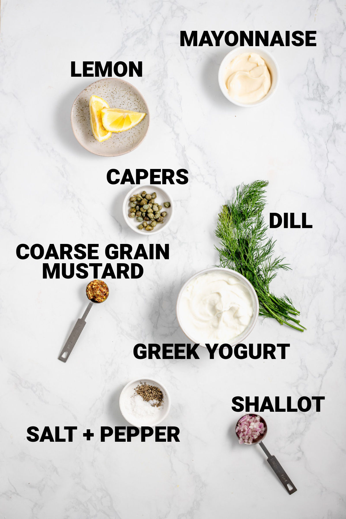 dill lemon grek yogurt and the other ingredients on a white table with text overlay
