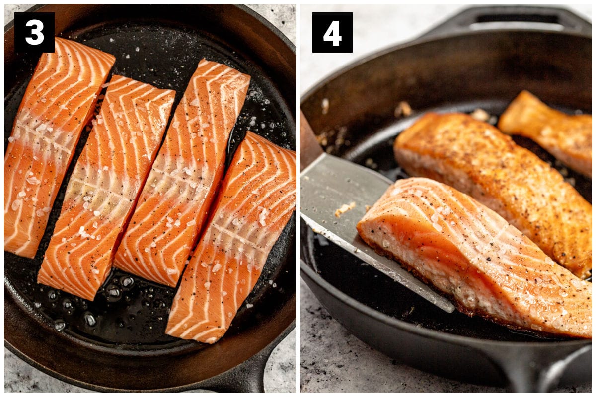 the salmon before and after it is flipped
