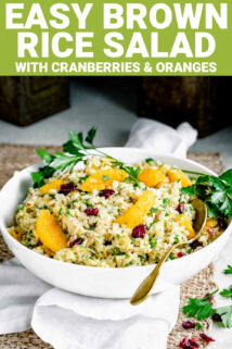 easy brown rice salad with cranberry and oranges in a bowl