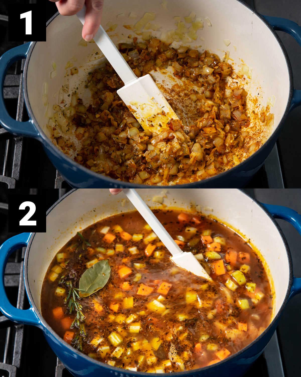 ادویه ها را در مخلوط پیاز و سوپ با سبزیجات و آب گوشت اضافه کنید قبل از اینکه بپزد.