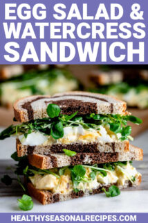 egg salad and watercress sandwich on marbled rye bread