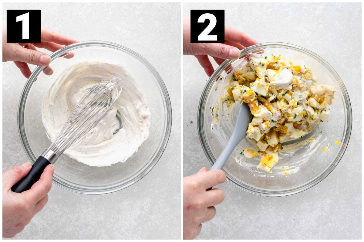 mix together the greek yogurt, mayo, seasonings, and eggs to create egg salad
