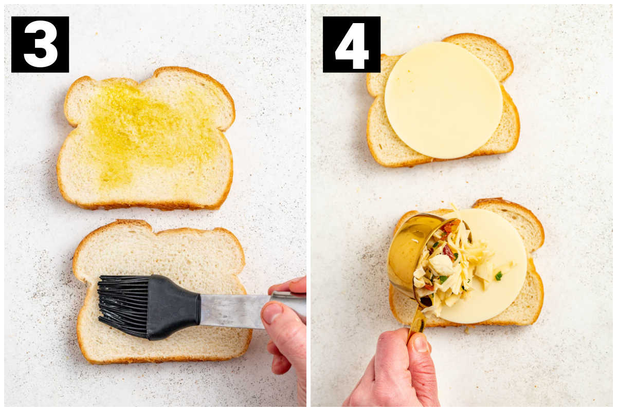 brushing bread with olive oil and adding the veggie and cheese mixture to each piece