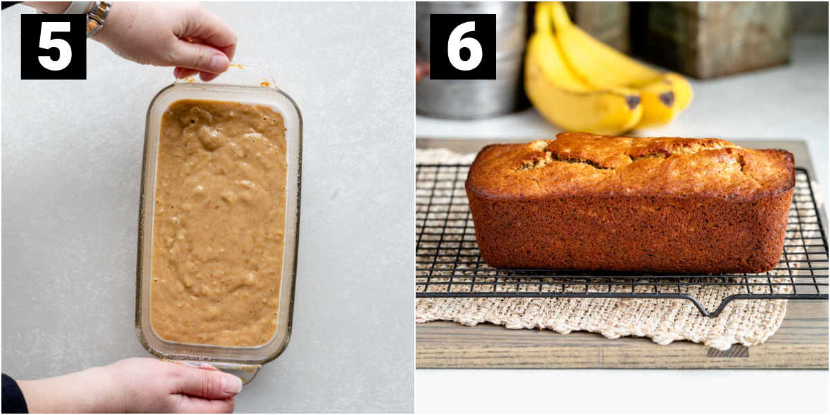 pour the banana bread batter into a bread pan and bake it, then turn it out onto a wire rack to cool