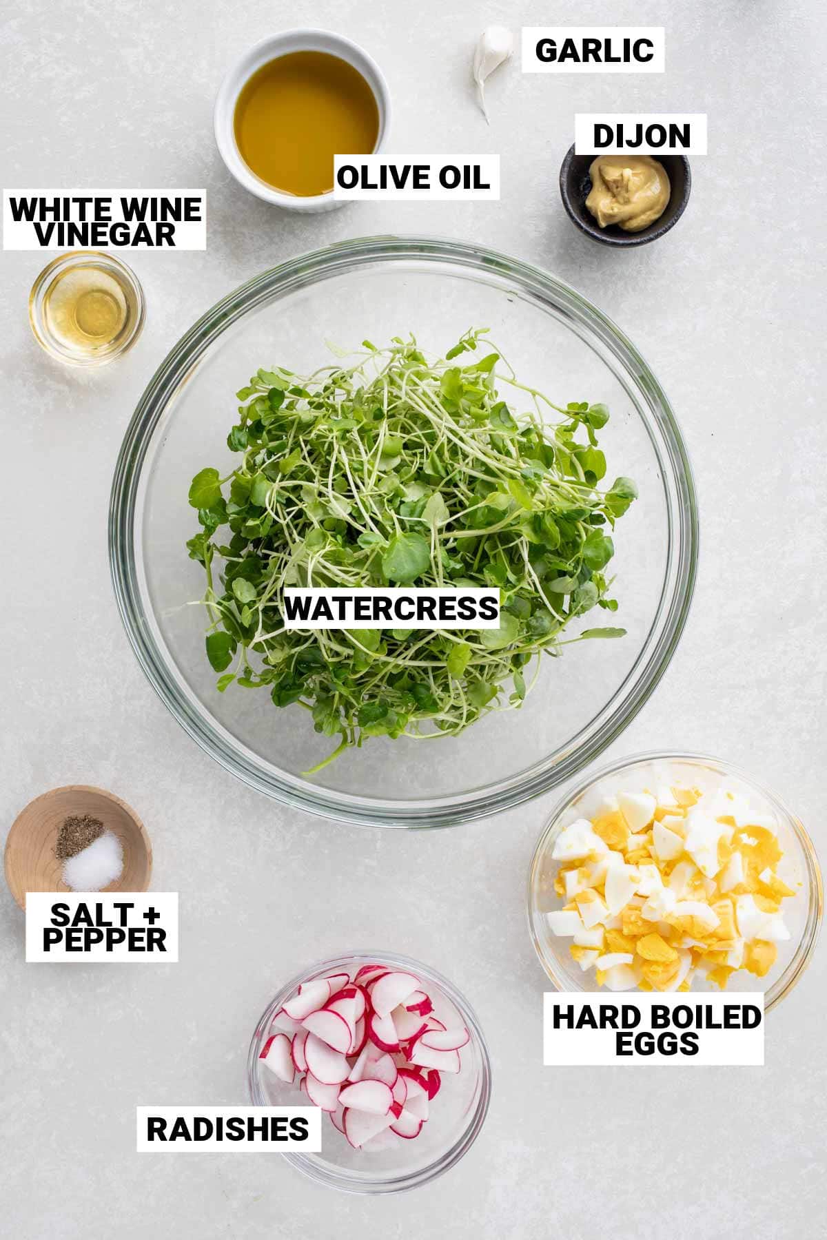 the ingredients for watercress salad with text overlay