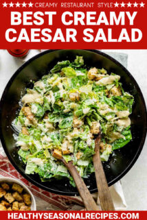 a black wooden salad bowl with creamy Cesar salad in it with text overlay