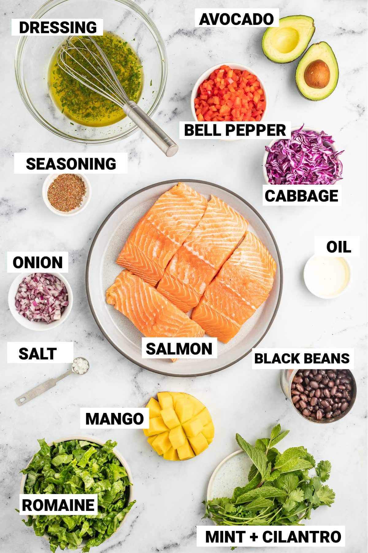 salmon, black beans, oil, cabbage, cajun seasoning, onion, salt, mango, bell pepper, avocado, dressing, romaine, mint, and cilantro all laid out mise en place for the blackened salmon salad recipe