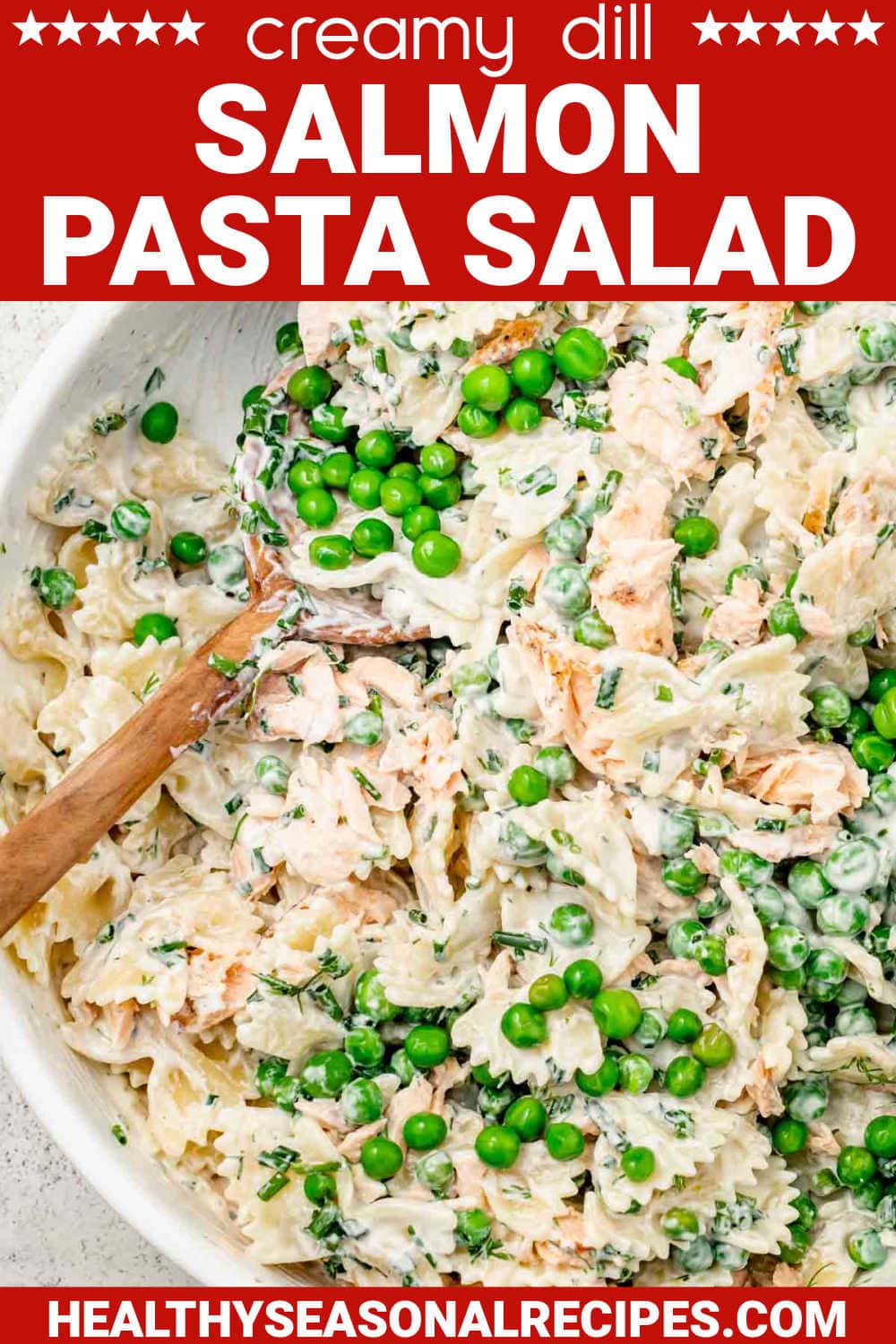 creamy salmon pasta salad with peas and cooked salmon