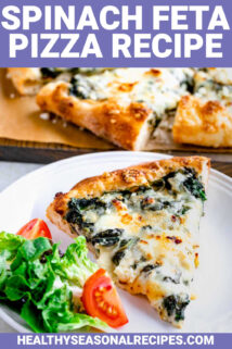 spinach feta pizza with text overlay