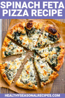 homemade spinach pizza with text overlay