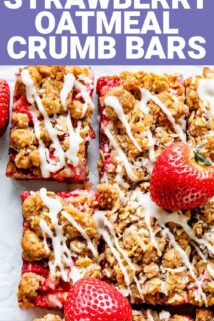 strawberry oatmeal crumb bars with a lemon glaze and chunks of strawberries in them