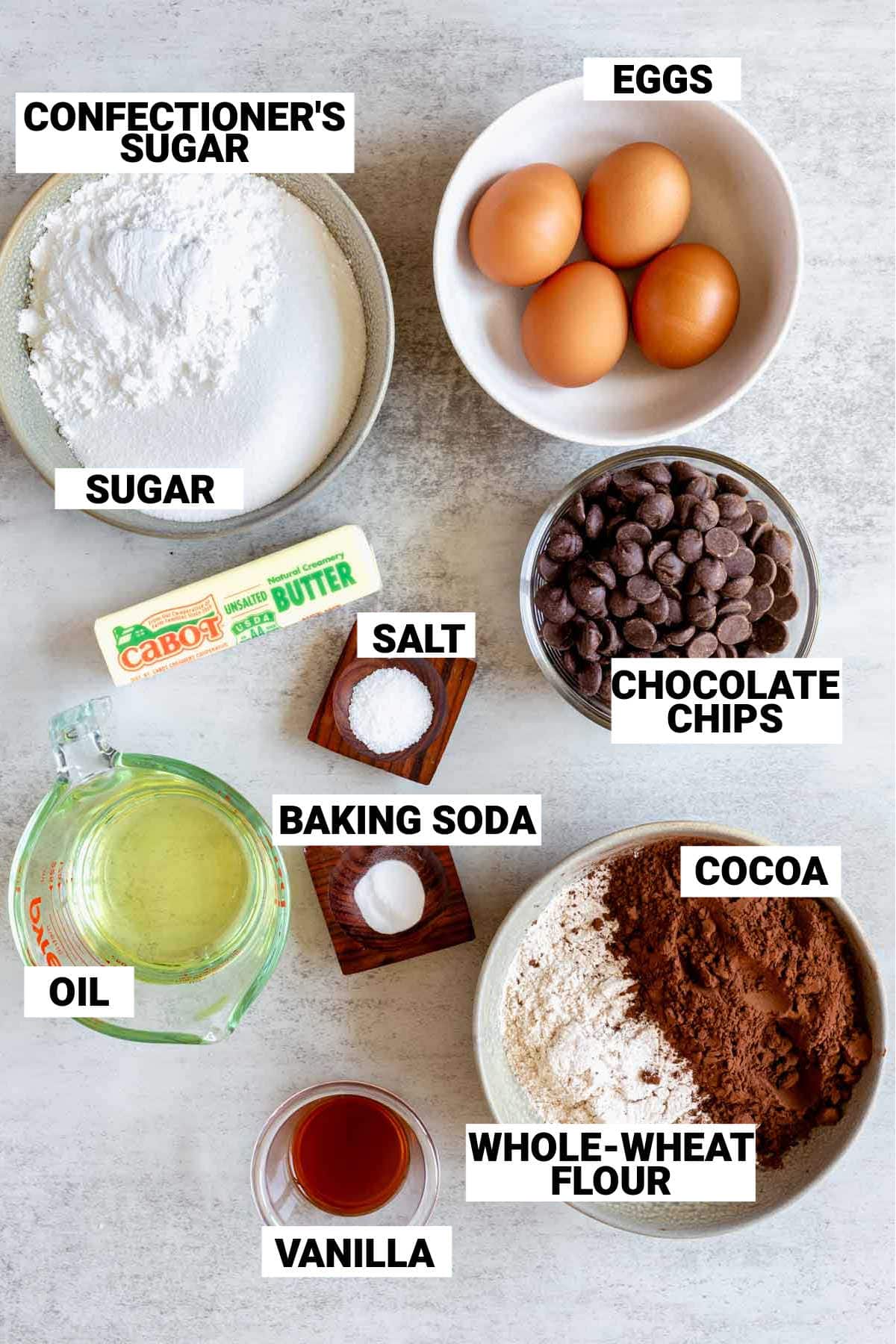 whole wheat brownie ingredients with text overlay