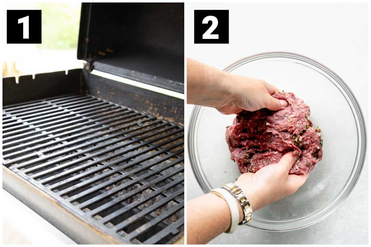 preheating the grill on the left and mixing the seasoning into the ground lamb on the right