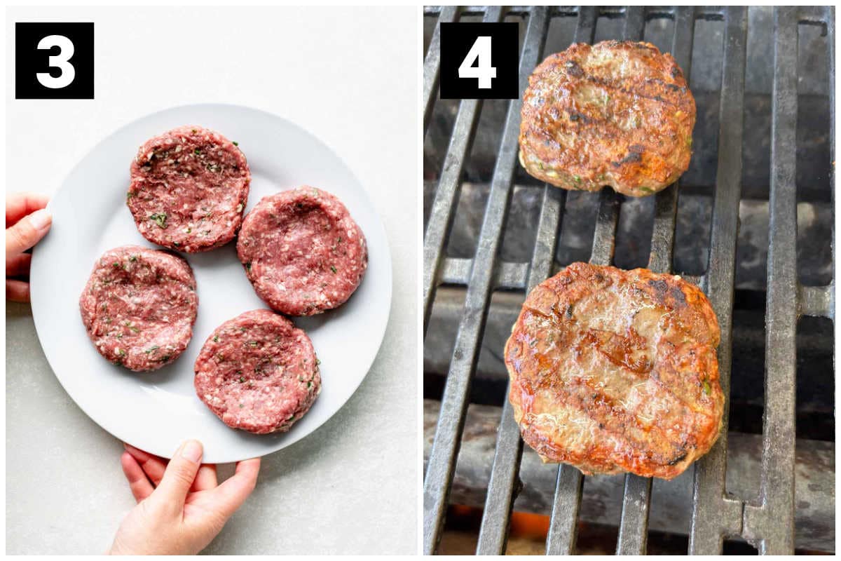 lamb patties on a white plate and lamb burgers on the grill