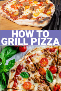 collage of the grilled pizza with text overlay