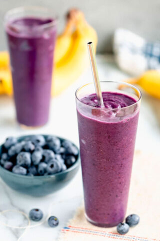 Healthy Blueberry Banana Smoothie served in tall glasses