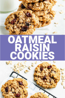 oatmeal raisin cookies stacked on each other and on parchment paper with text overlay