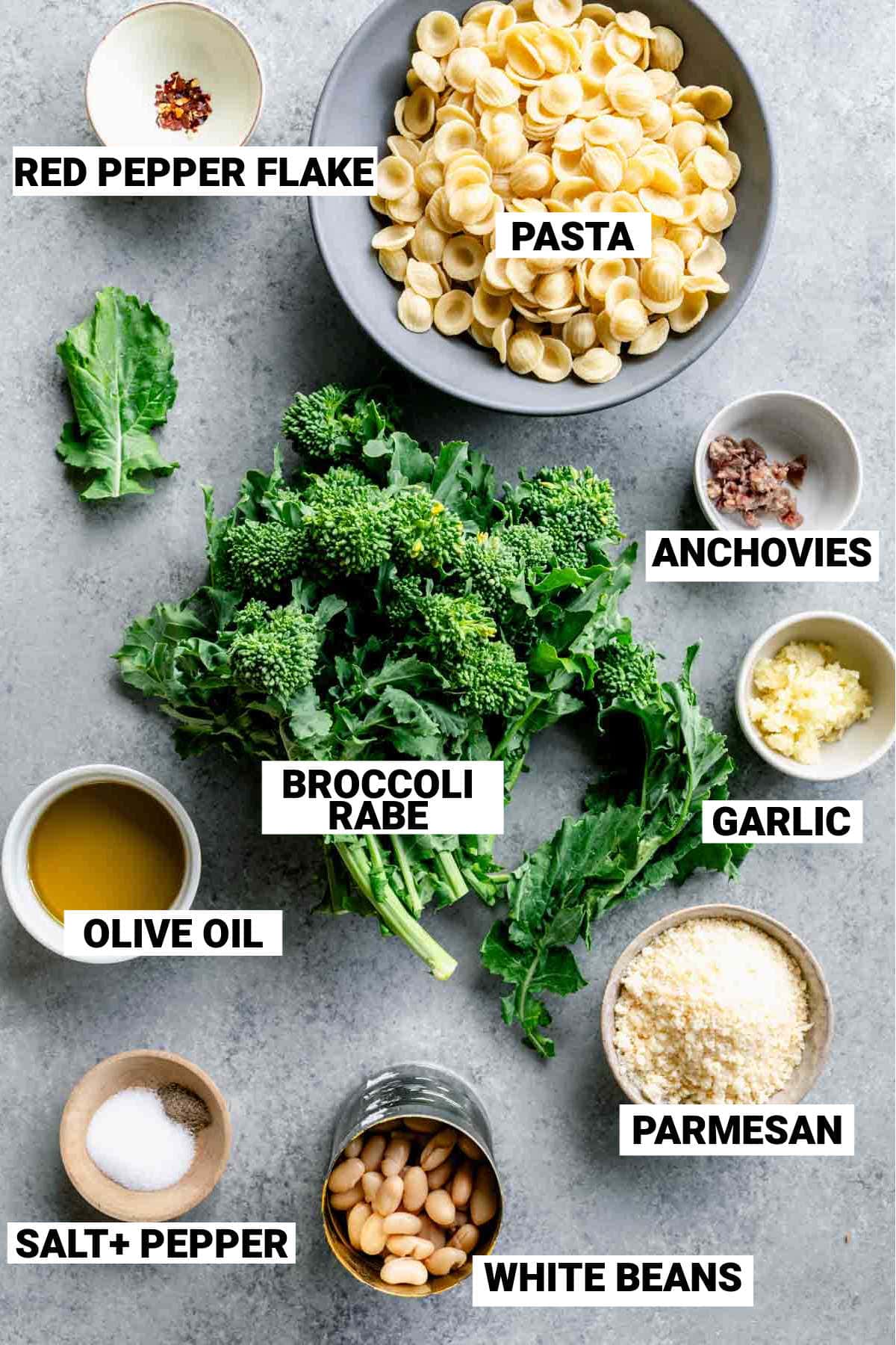 rapini pasta ingredients with text overlay