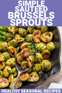 simple sauteed brussels sprouts over an image of sprouts in a s،et