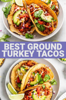 ground turkey tacos pictured on white plates with the text overlay 