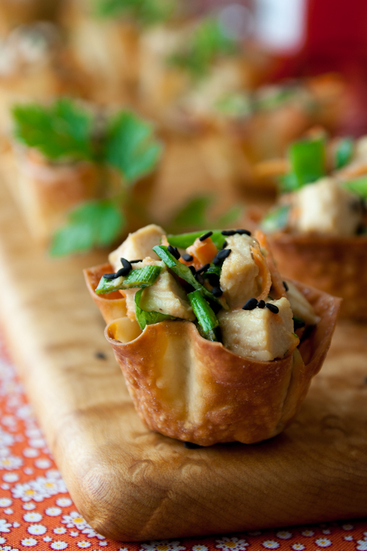 A close up of Wonton and Chicken cups